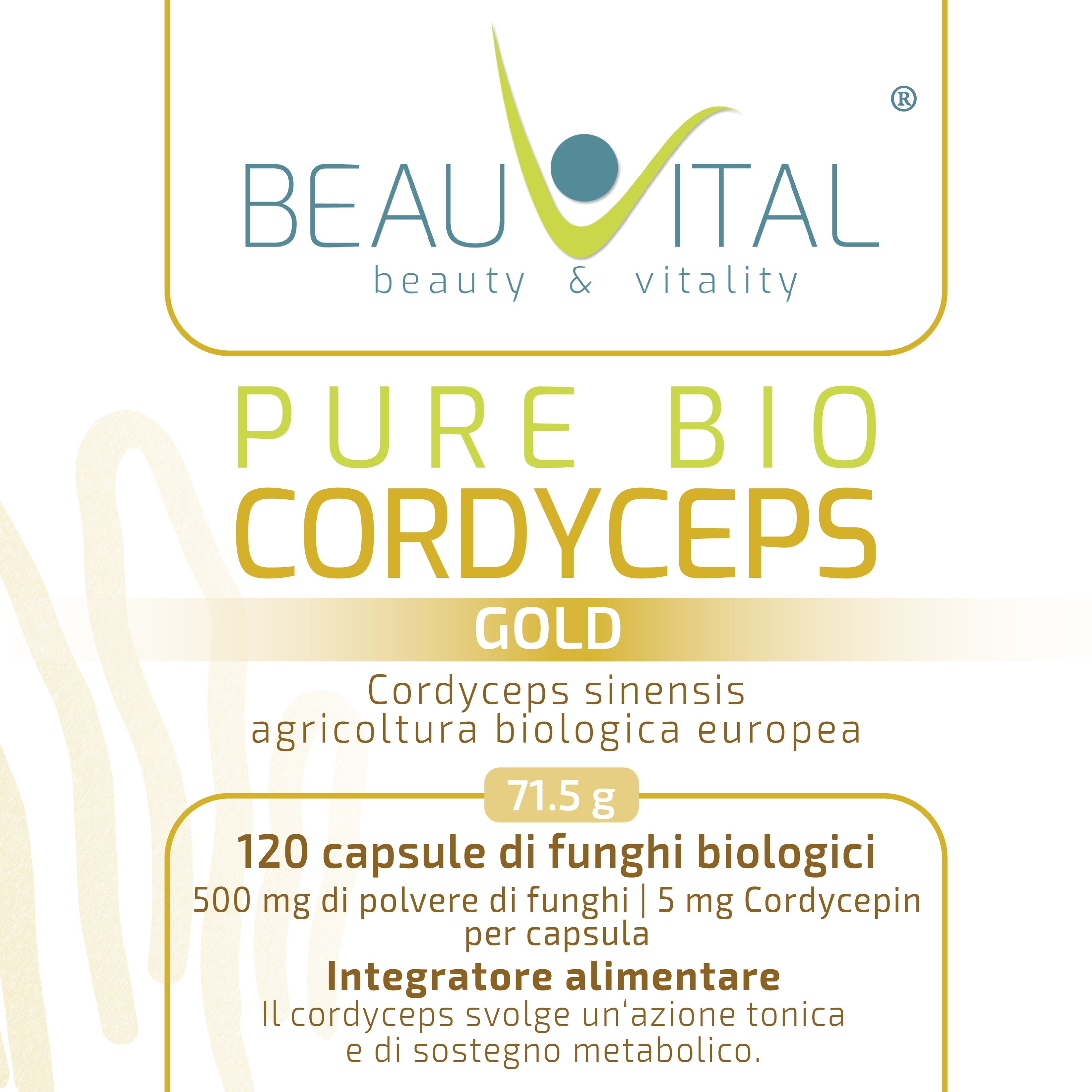 Beautytal Pure Bio Cordyceps Gold: 120 capsule di fungo biologico, 500 mg per capsula.