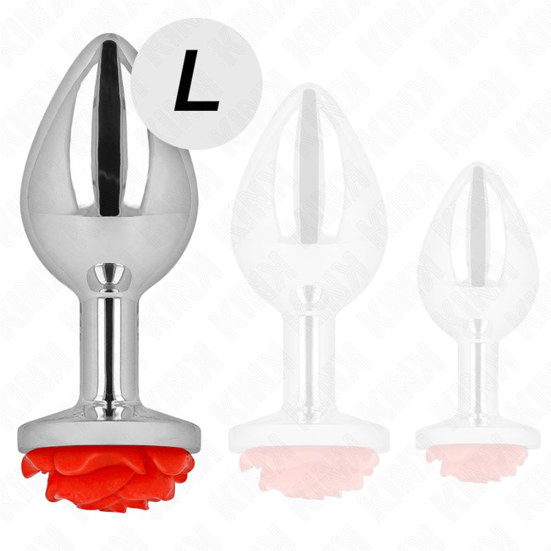 Confronto di dimensioni di tre plug anali con base a rosa rossa; L marcato.