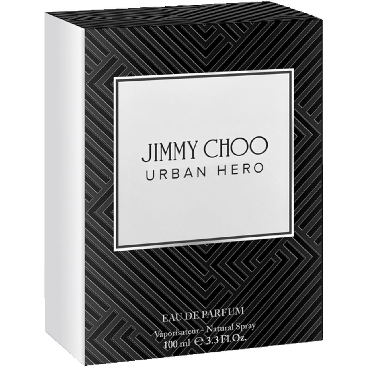 Scatola nera con etichetta bianca. Scritta: JIMMY CHOO URBAN HERO. Testo: Eau de Parfum, 100 ml.