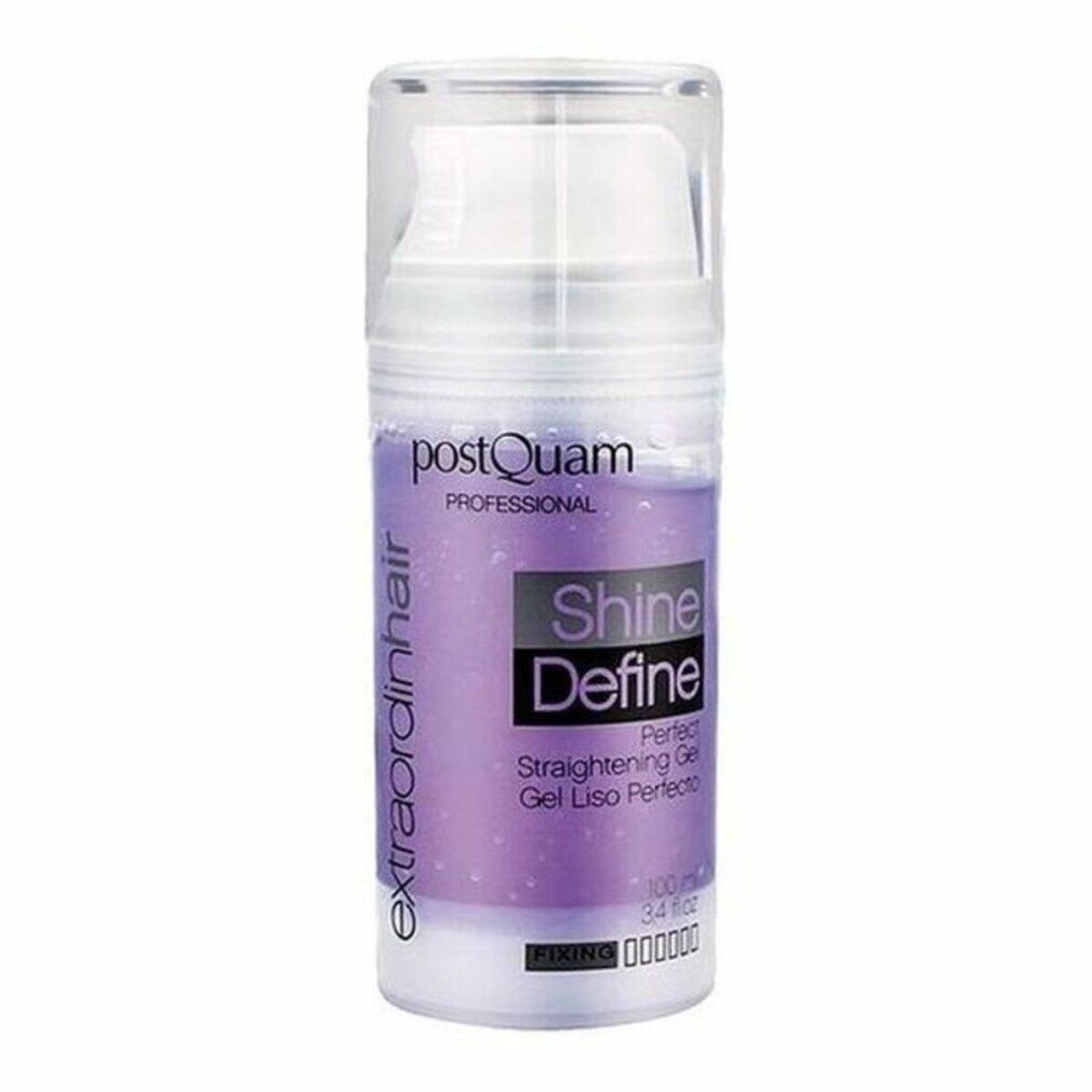 Flacone cilindrico con etichetta viola. Scritta: Postquam Shine Define, Perfect Straightening Gel. Tappo trasparente.