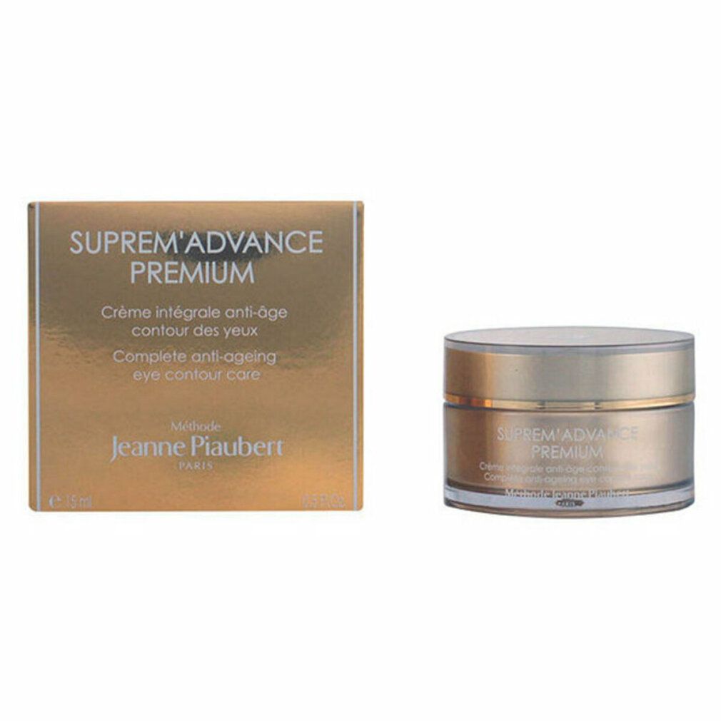 Scatola e vasetto dorati. Scritta: Suprem'Advance Premium, Crème intégrale anti-âge contour des yeux, Jeanne Piaubert.