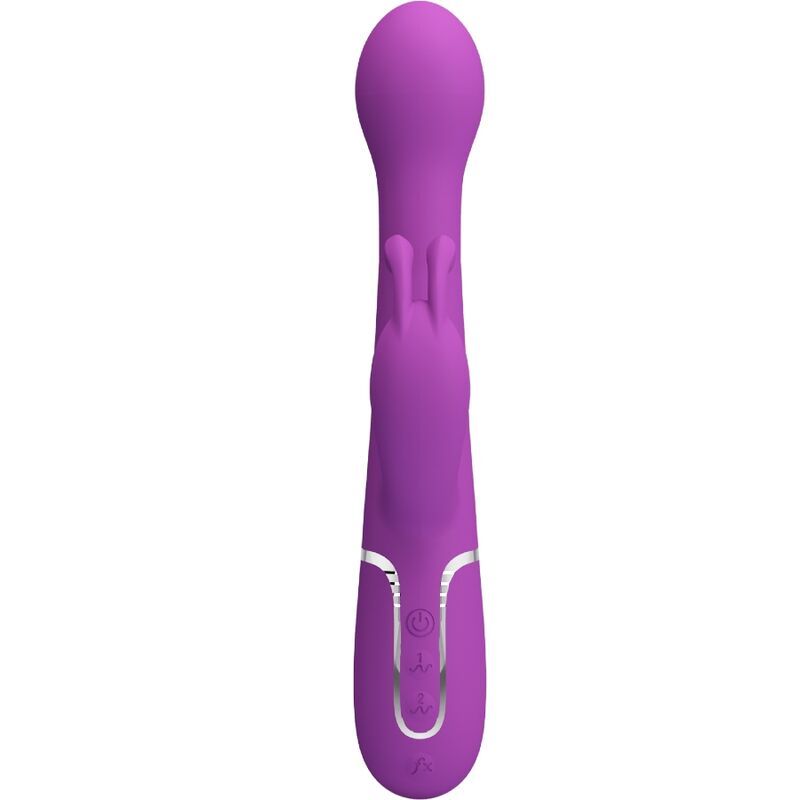 Vibratore coniglio viola, vista frontale con controlli argentati.