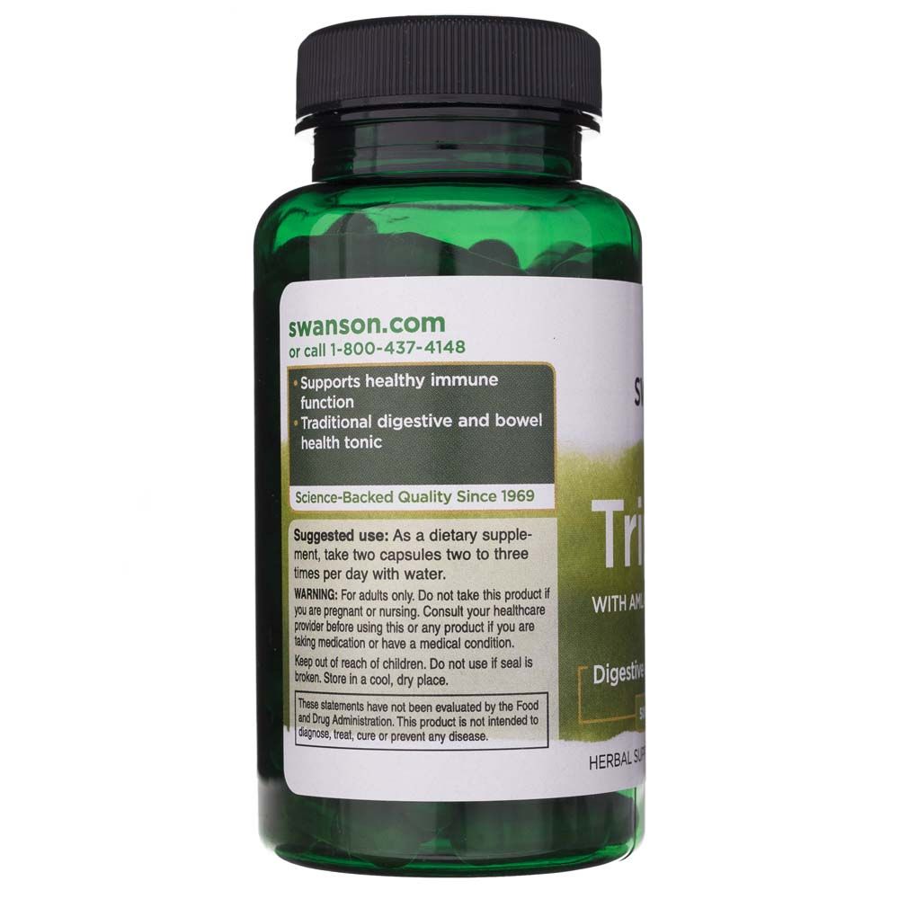 Retro di un barattolo SWANSON Triphala con istruzioni per l'uso e avvertenze.