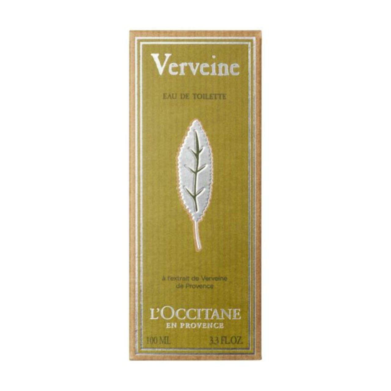 Confezione in cartone. Scritta "Verveine Eau de Toilette". Illustrazione di foglia. Marchio L'Occitane en Provence. 100 ml.