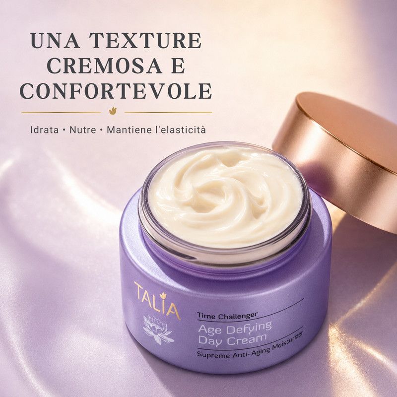 Crema in un vasetto viola con coperchio dorato.