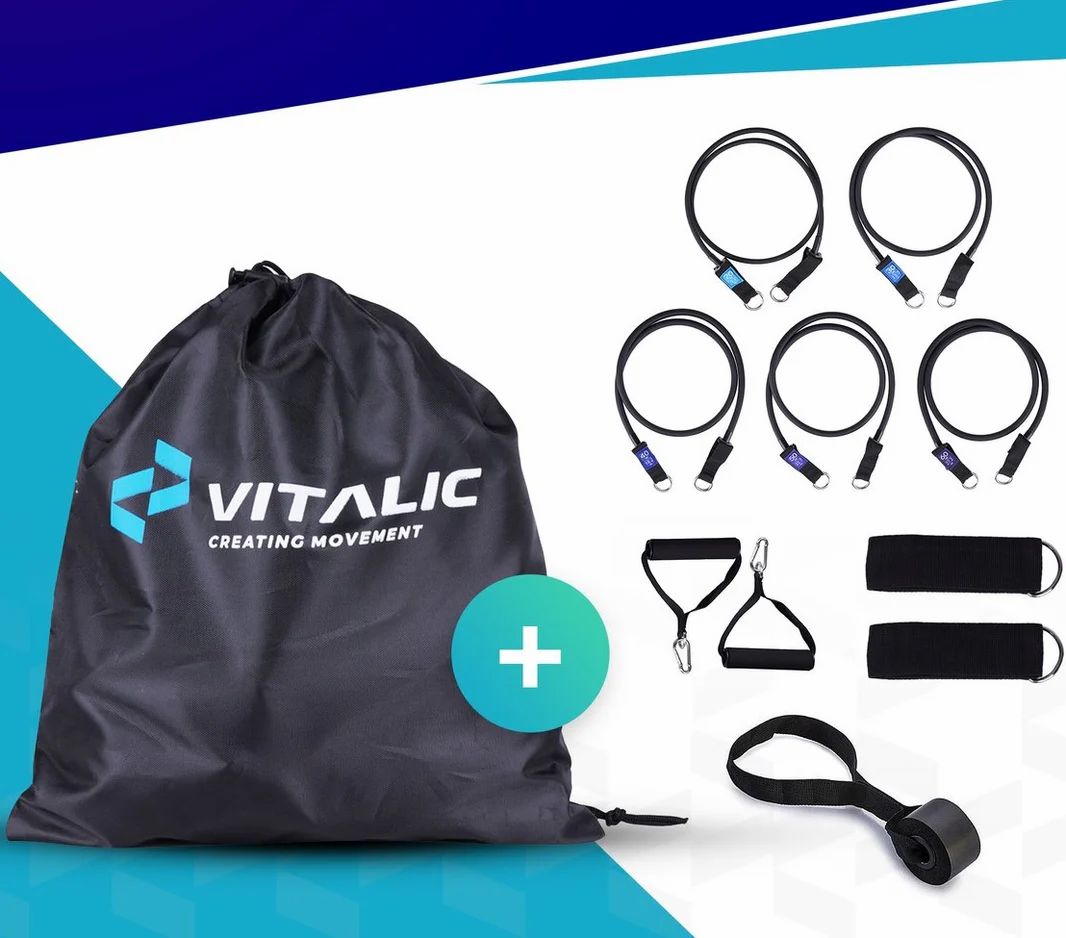 Set di fasce di resistenza con accessori e borsa per il trasporto. Logo VITALIC sulla borsa.
