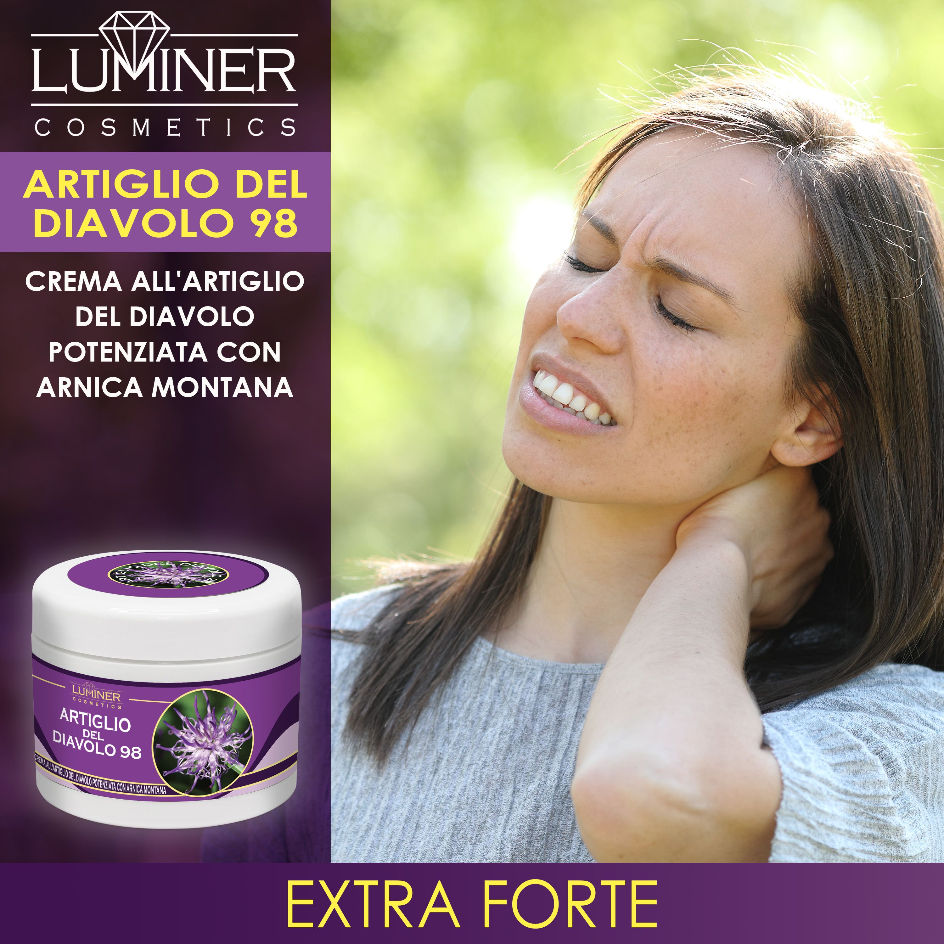 Donna con dolore al collo, vaso LUMINER Artiglio del Diavolo 98 accanto.
