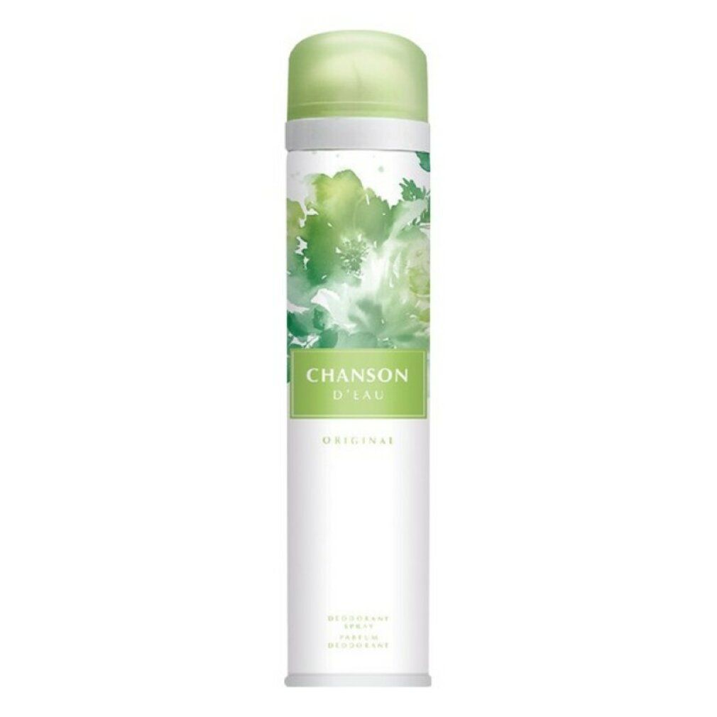 Bomboletta spray deodorante. Bianca, verde e con stampa floreale. Scritta: CHANSON D'EAU. Original. Deodorante, profumo, deodorante.