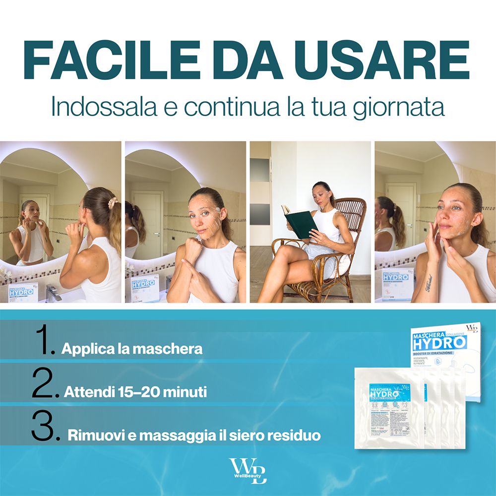 Quattro immagini mostrano l'applicazione della maschera viso. Scritta blu: FACILE DA USARE. Confezione di maschere.