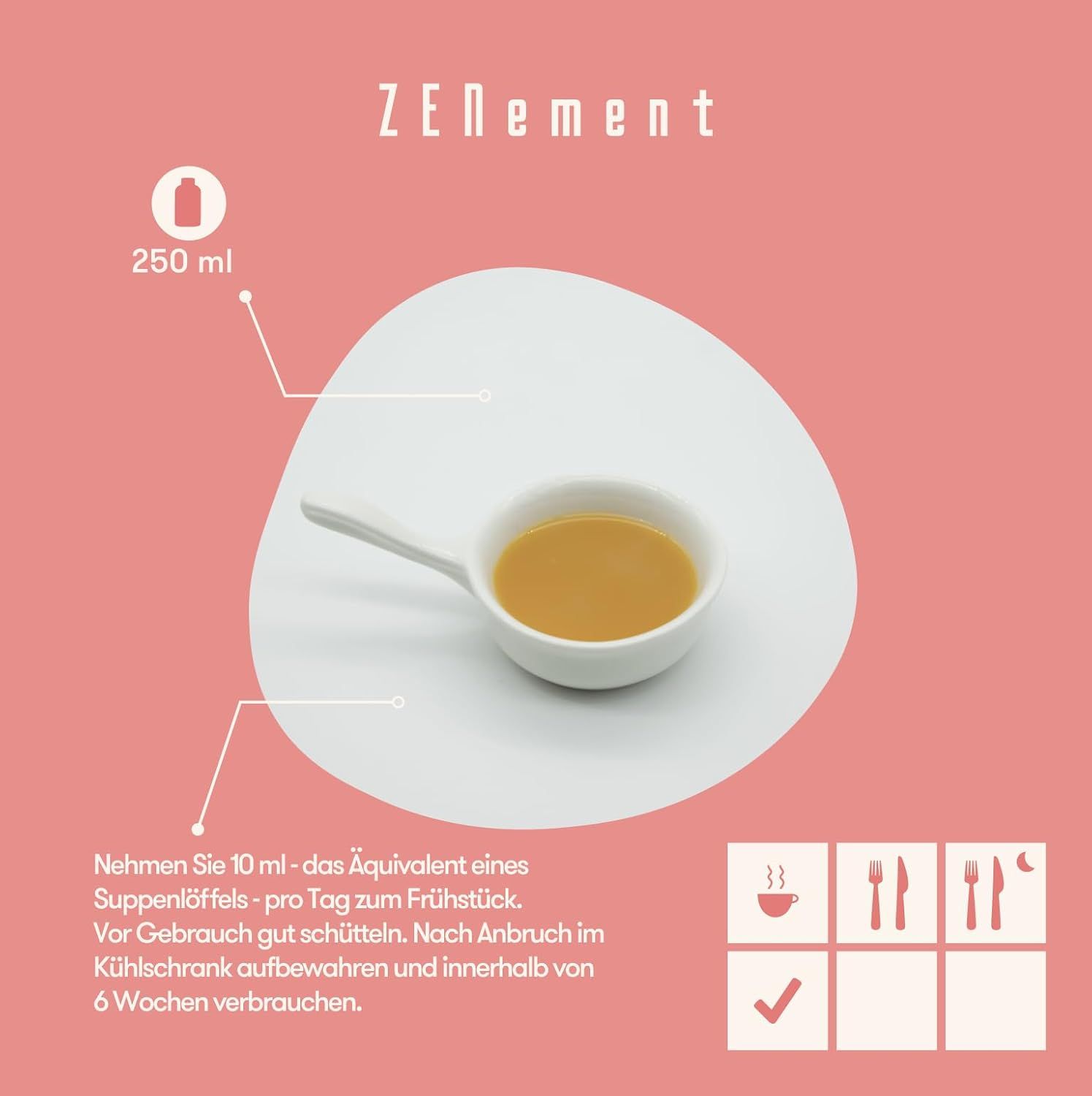 Cucchiaio bianco con liquido marrone su piatto bianco. Testo: 10 ml - equivalente a un cucchiaio. Istruzioni per l'uso.