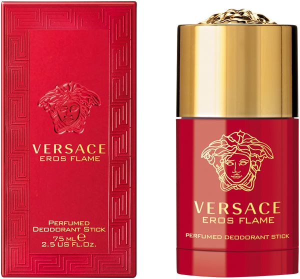 Stick deodorante rosso e confezione. Tappo dorato. Marchio e nome del prodotto stampati. 75 ml.