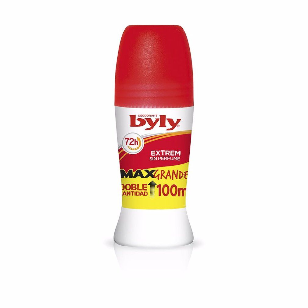 Roll-on deodorante. Contenitore bianco con tappo rosso. Scritte: Byly, Extrem Sin Perfume, 72h, Max Grande.