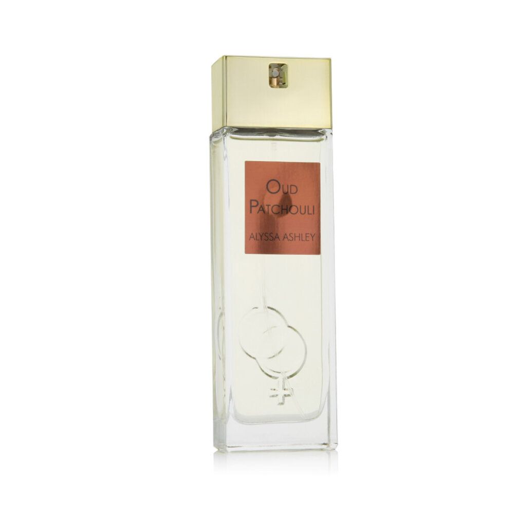Flacone di profumo con etichetta marrone. Scritta: Oud Patchouli, Alyssa Ashley. Simbolo di genere. Tappo dorato.