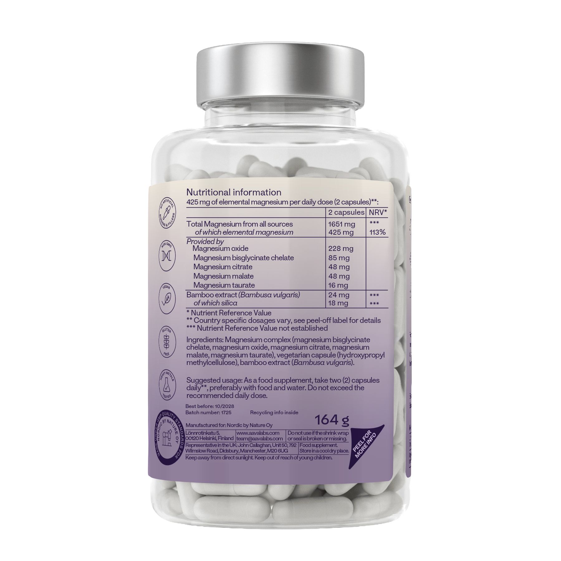 Retro del flacone con informazioni nutrizionali. Contiene informazioni sugli ingredienti e sui valori nutrizionali.