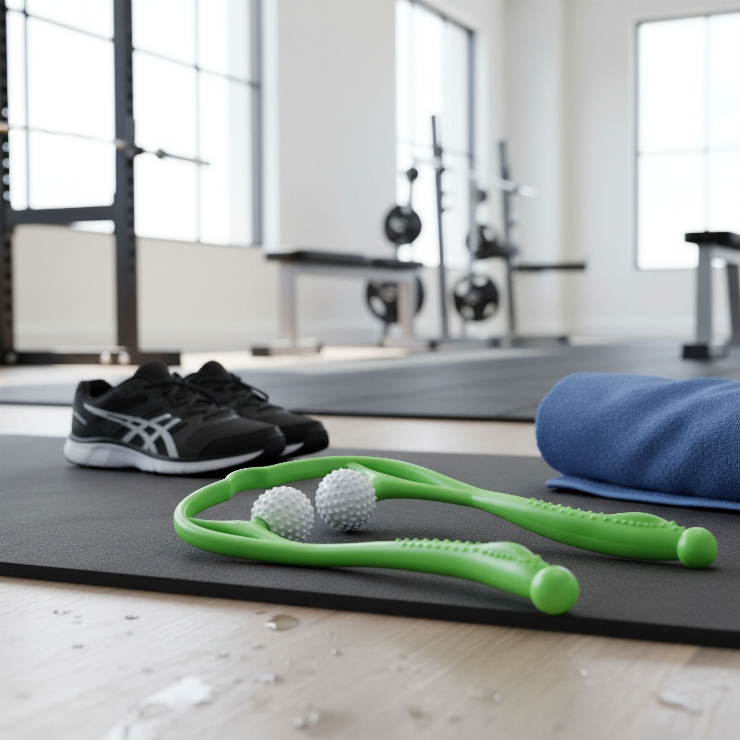 Massaggiatore per il collo verde con due sfere massaggianti e rullo massaggiante a 360° su un tappetino nero. Accanto, scarpe da ginnastica e asciugamano.