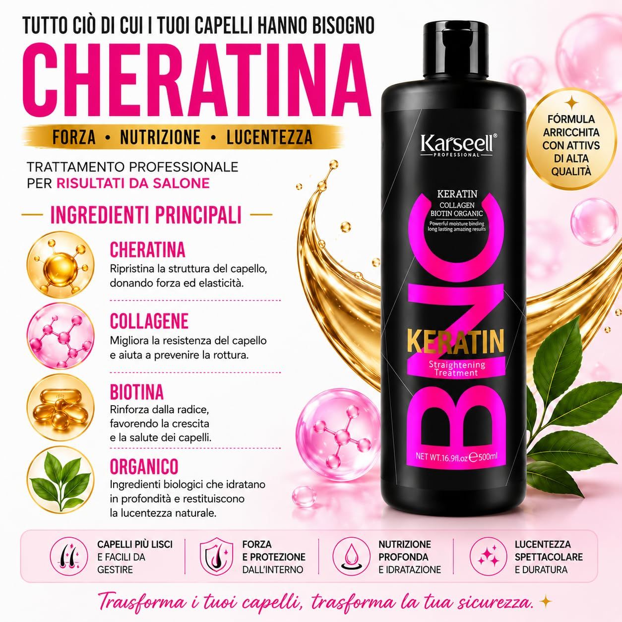 Flacone nero Karseell con trattamento lisciante alla cheratina, collagene e biotina, 500ml.