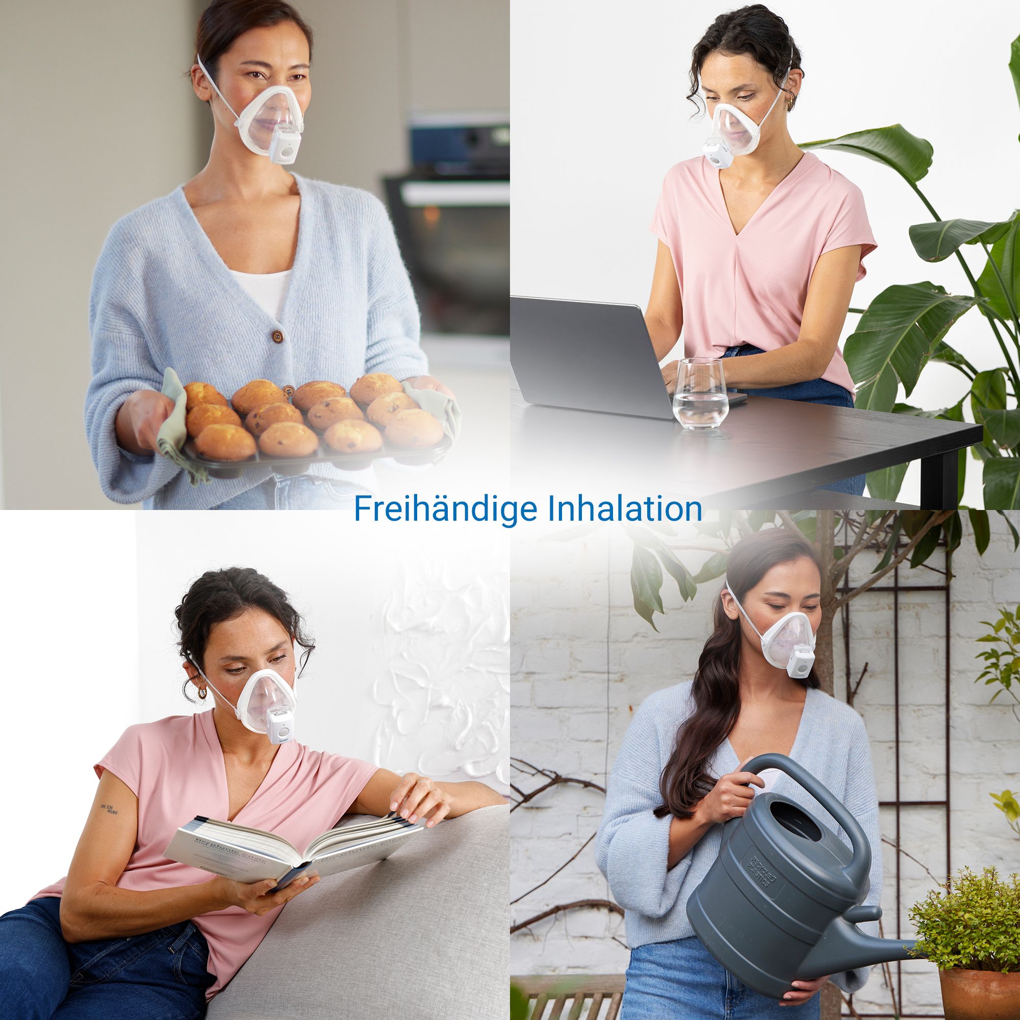 Inalatore Medisana IN 700: Donna al laptop, donna che cucina, donna che legge, donna che annaffia.