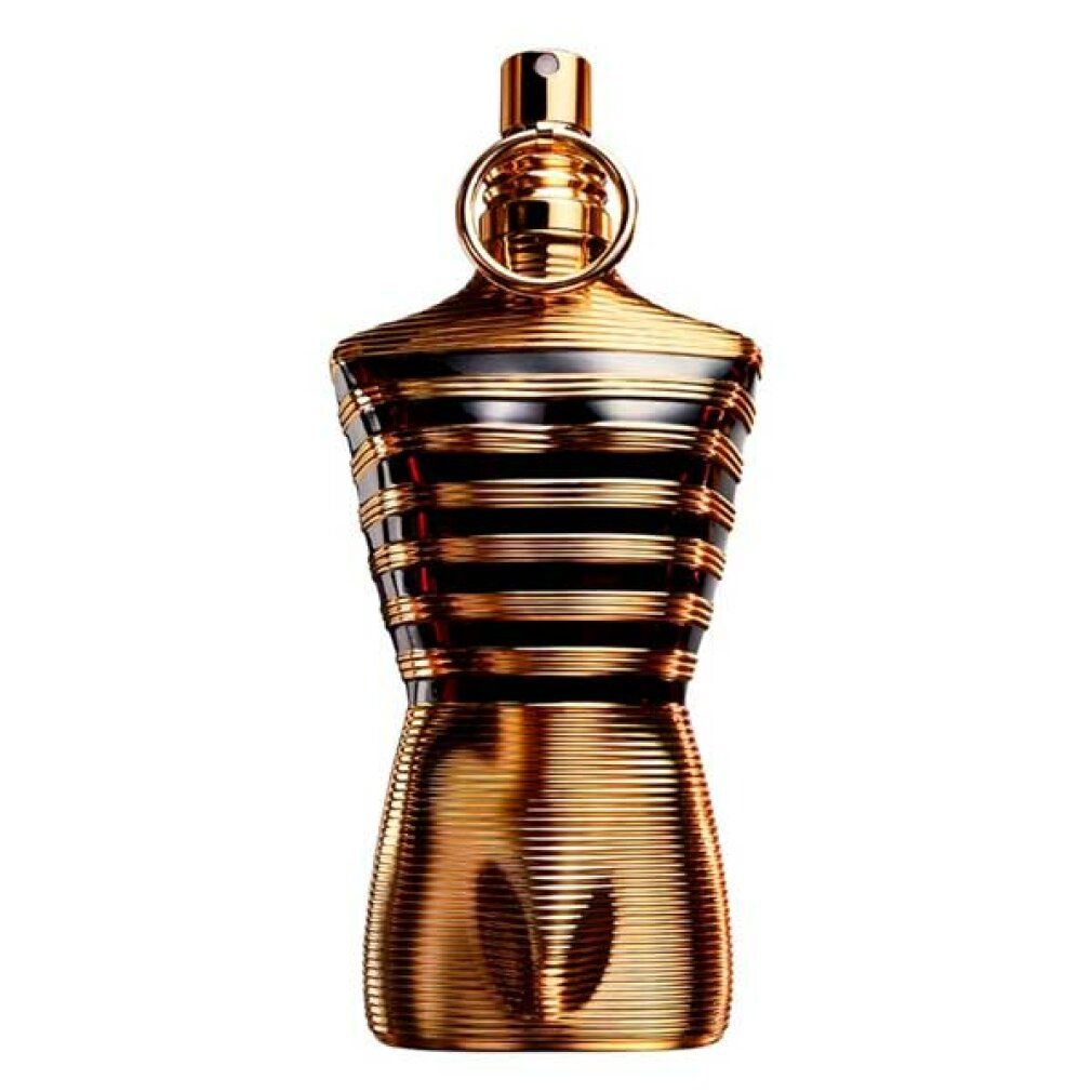 Flacone dorato a forma di torso. Strisce nere. Testa vaporizzatore dorata con anello.