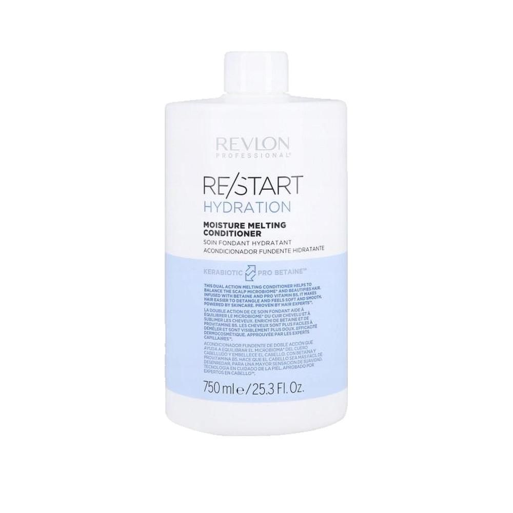 Flacone bianco di balsamo Revlon Re-Start Hydration. Etichetta blu. Capacità: 750 ml.