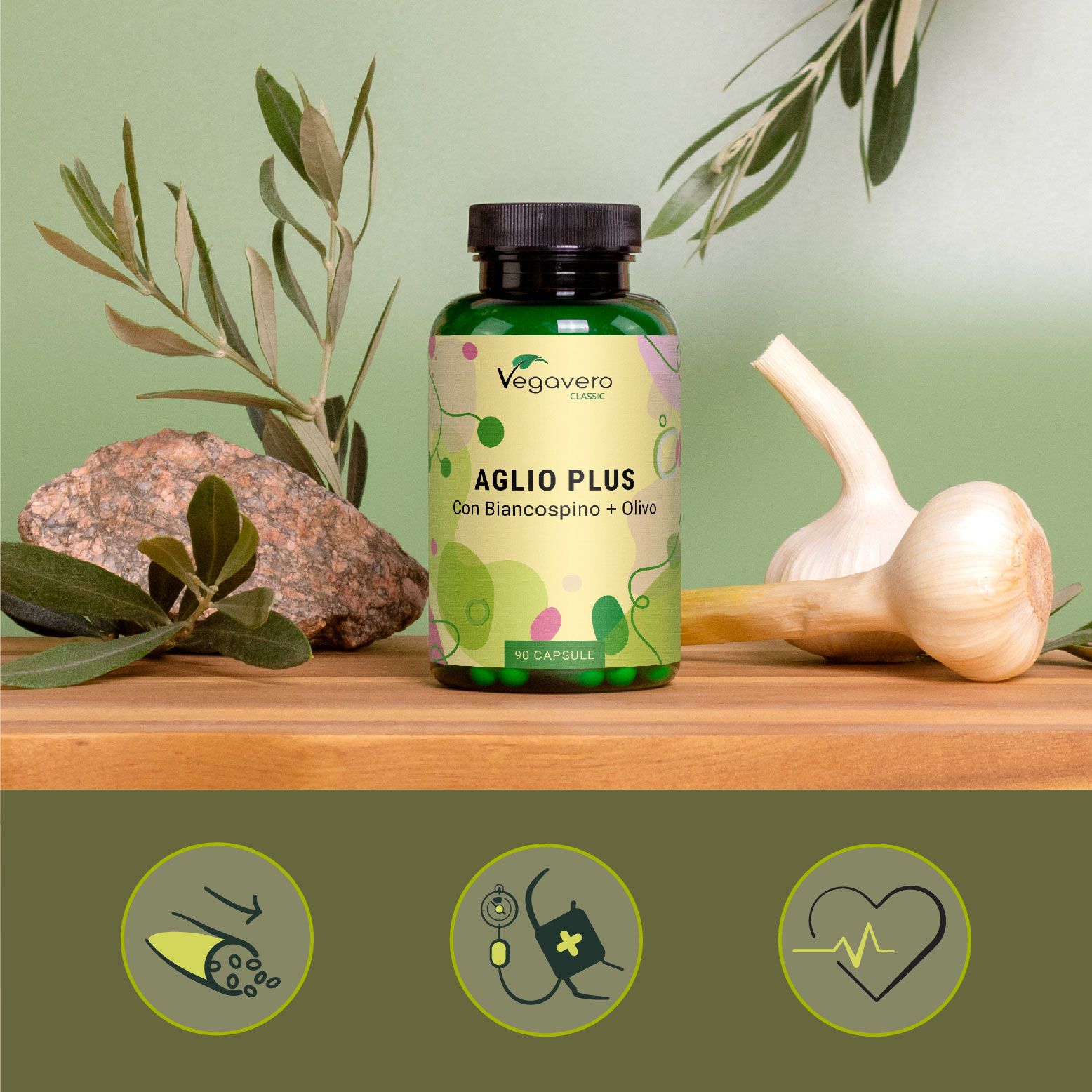 Bottiglia verde Knoblauch Plus, spicchi d'aglio, rami d'ulivo su tagliere. Tre icone in basso.