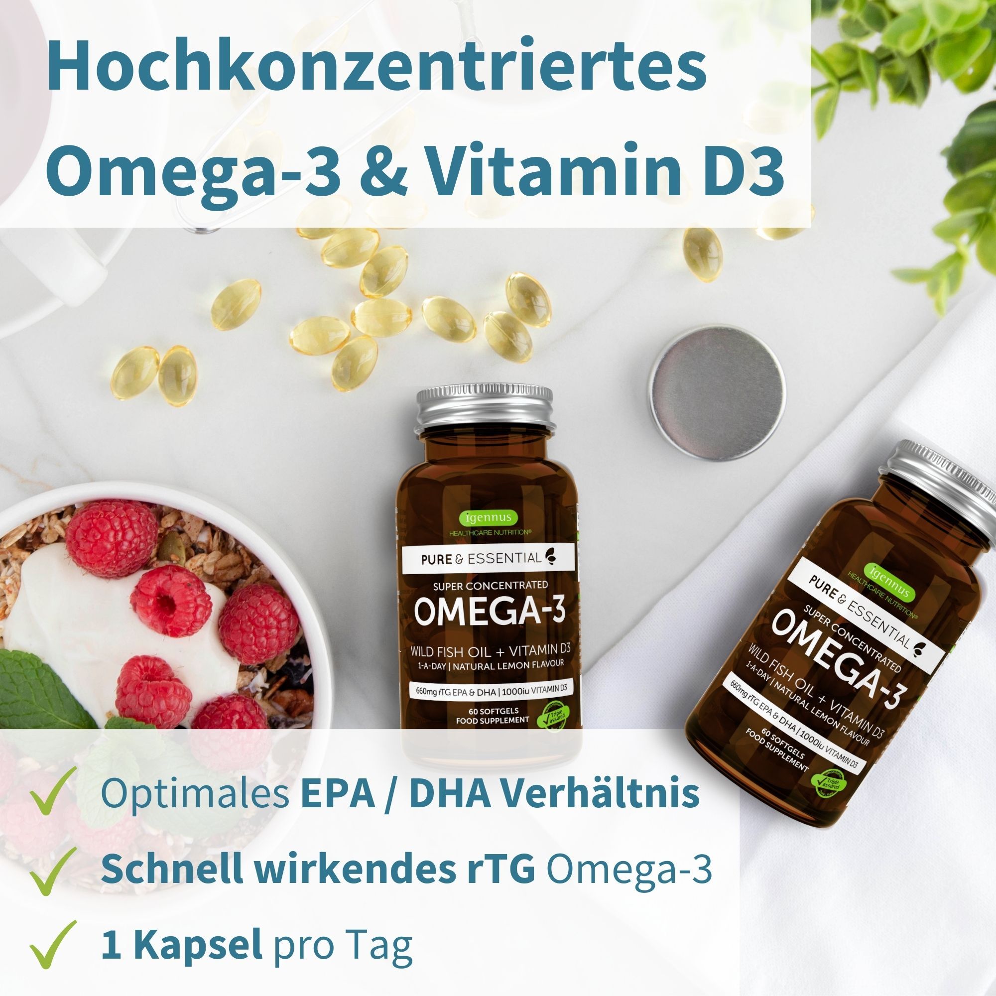 Flacone marrone con capsule. Scritta: Omega-3 & Vitamina D3. Rapporto EPA/DHA ottimale. rTG Omega-3 rapido. 1 capsula al giorno.