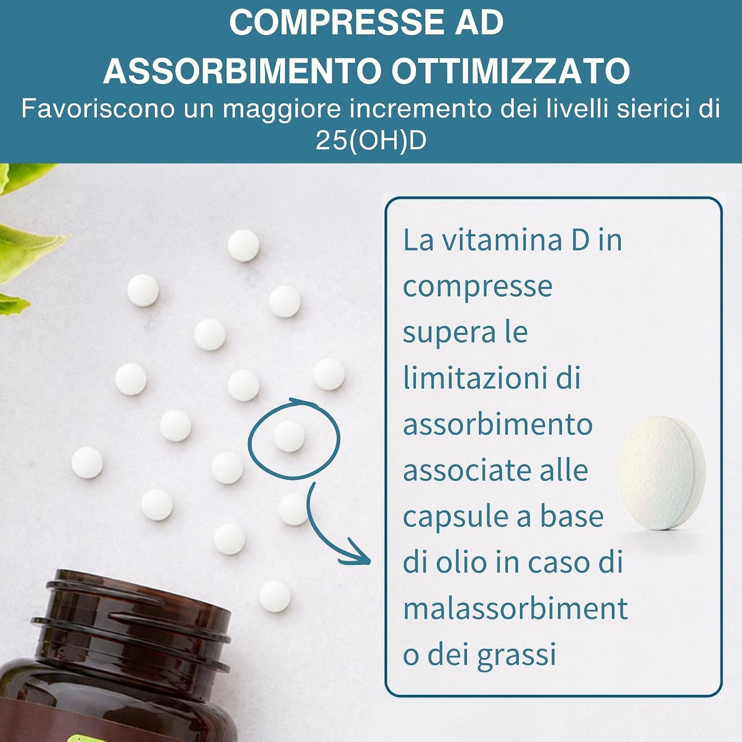Compresse e un flacone Igennus Vegan Vitamin D3 che mostrano l'assorbimento ottimizzato.