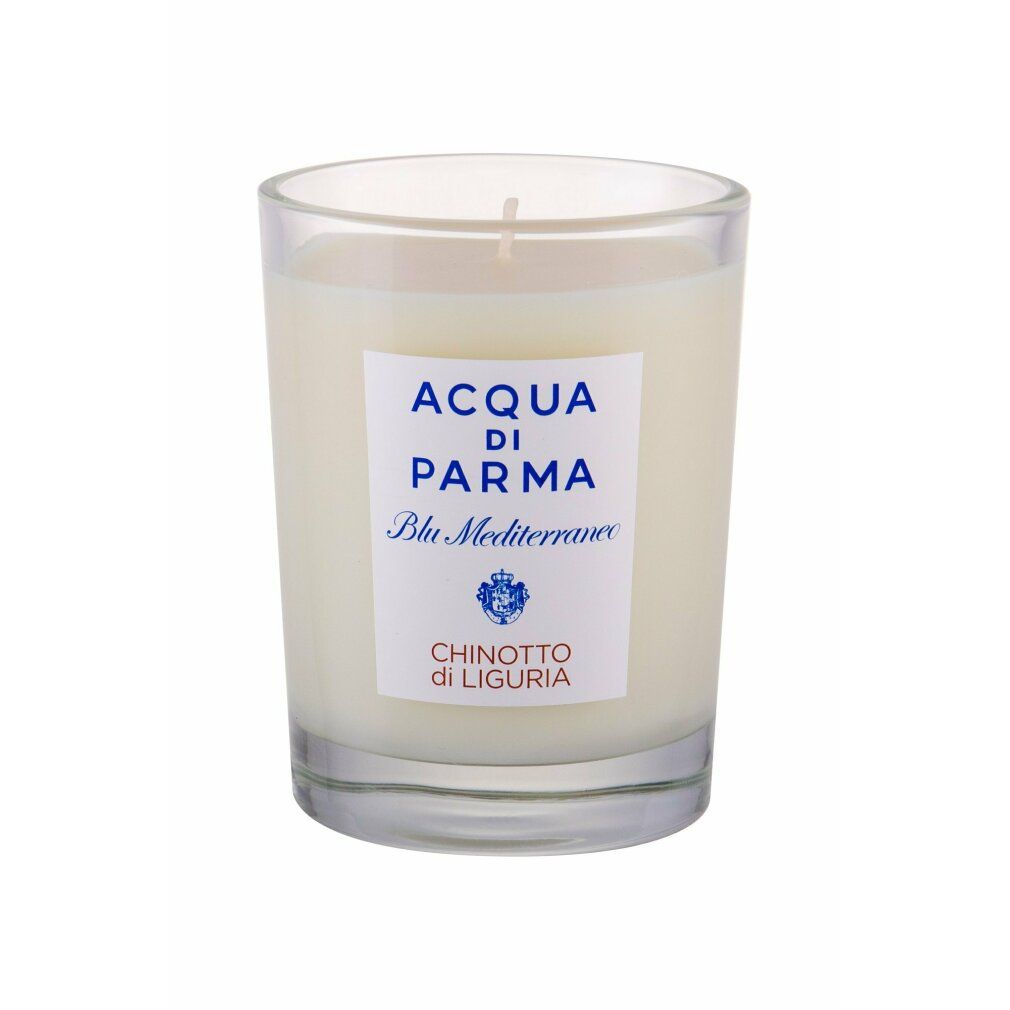 Candela in vetro. Scritta: Acqua di Parma Blu Mediterraneo Chinotto di Liguria.