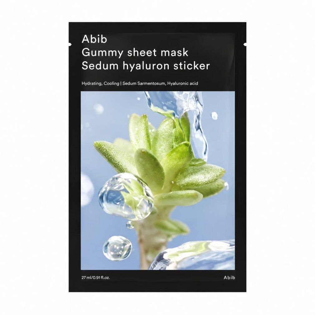 Confezione Abib Gummy Sheet Mask Sedum Hyaluron Sticker con pianta e gocce d'acqua.