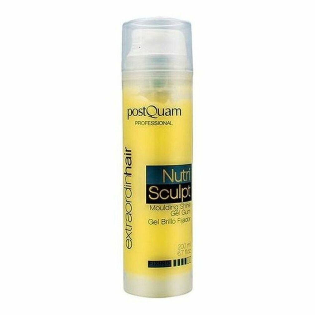 Flacone di gel NUTRI-SCULPT giallo con erogatore. Scritte: Postquam, Nutri Sculpt, Gel Brillo Fijador.
