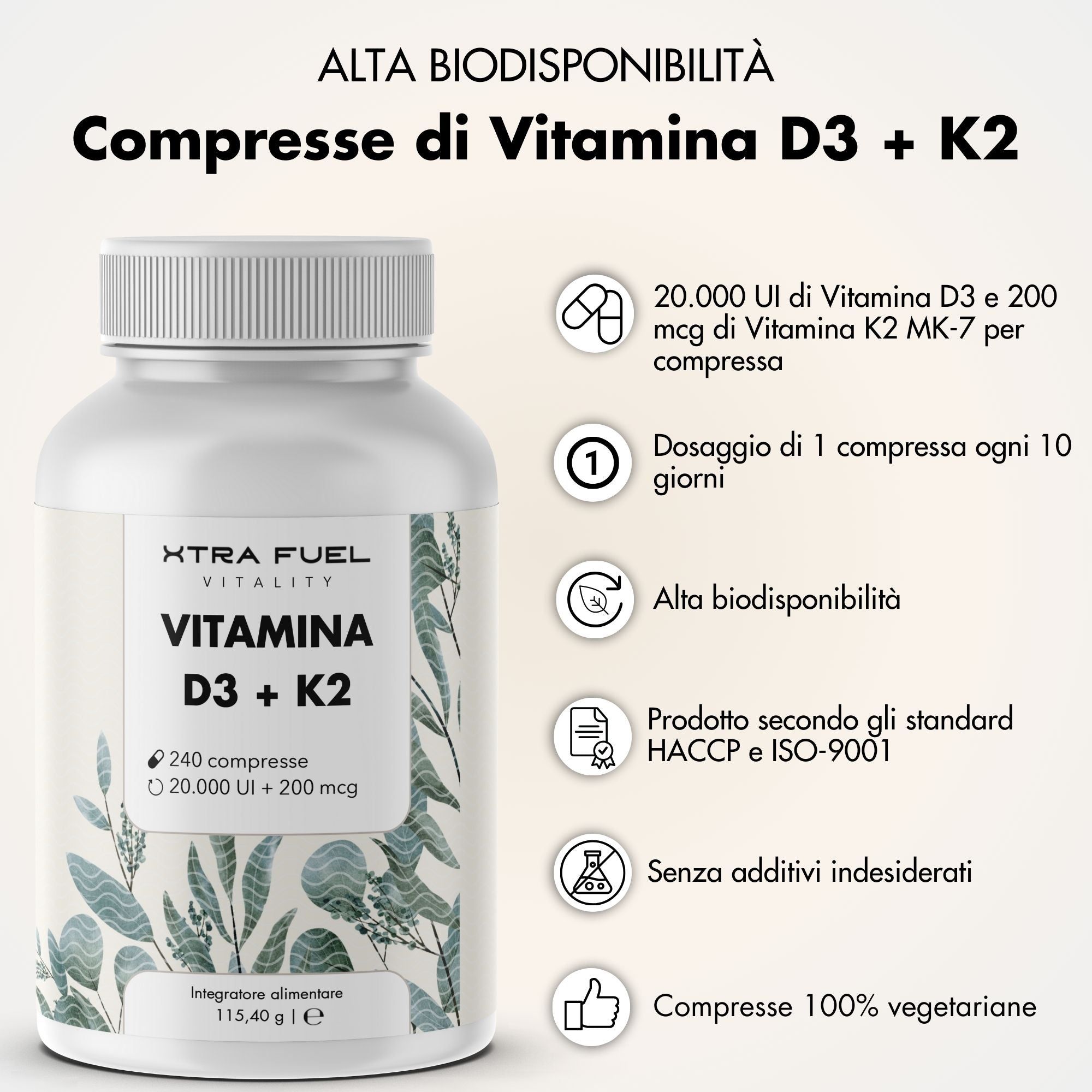 XTRA FUEL | Vitamina D3 + K2 - Compresse con 20.000 UI + 200 mcg MK-7