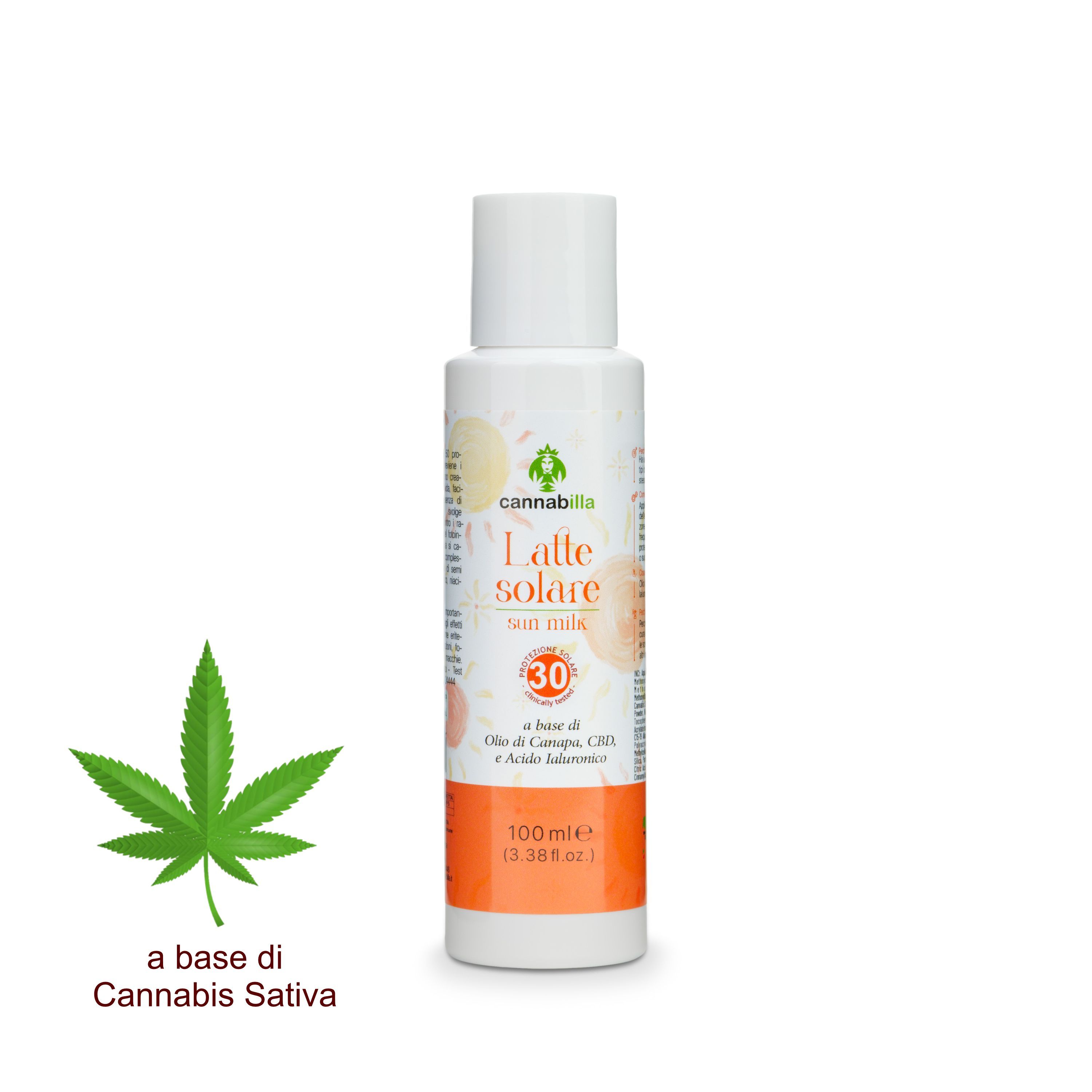 Flacone bianco Cannabilla Latte Solare SPF 30. Striscia arancione, informazioni e logo. Foglia di cannabis.