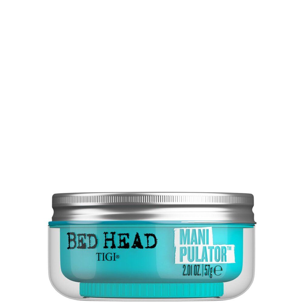 Tigi Bed Head Manipulator Matte Paste. Vasetto con contenuto blu, coperchio argentato. Testo: Manipulator.