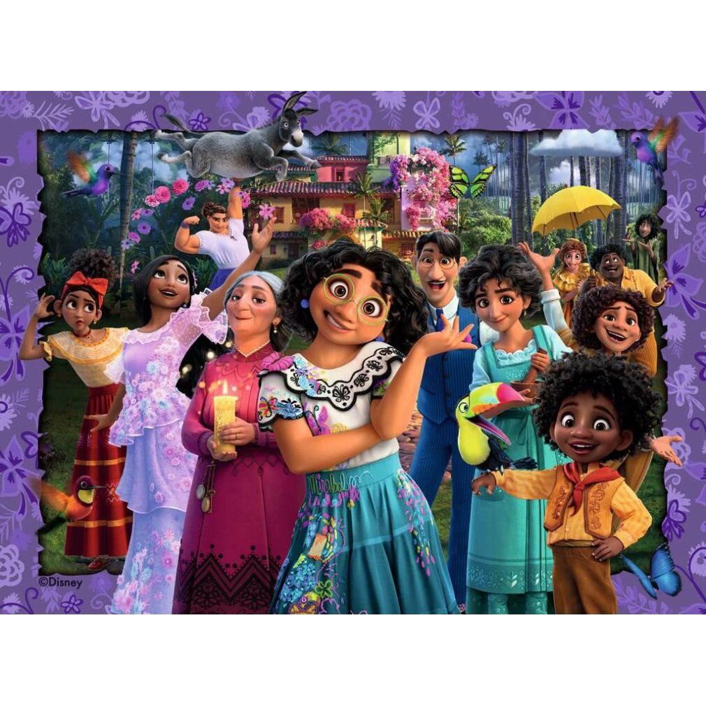 Motivo puzzle con personaggi di Encanto. Diverse figure davanti a una casa. Cornice viola con motivo floreale.