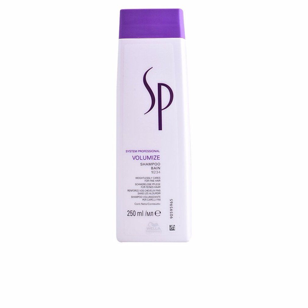 Shampoo bianco con tappo viola. Scritta: SP, Volumize Shampoo, 250 ml. Logo Wella.