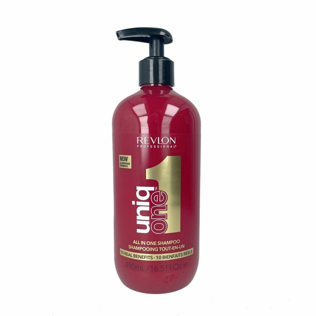 Flacone di shampoo rosso con dosatore nero. Scritta: Revlon Professional Uniq One. 10 benefici. 490ml/16.5 fl.oz.