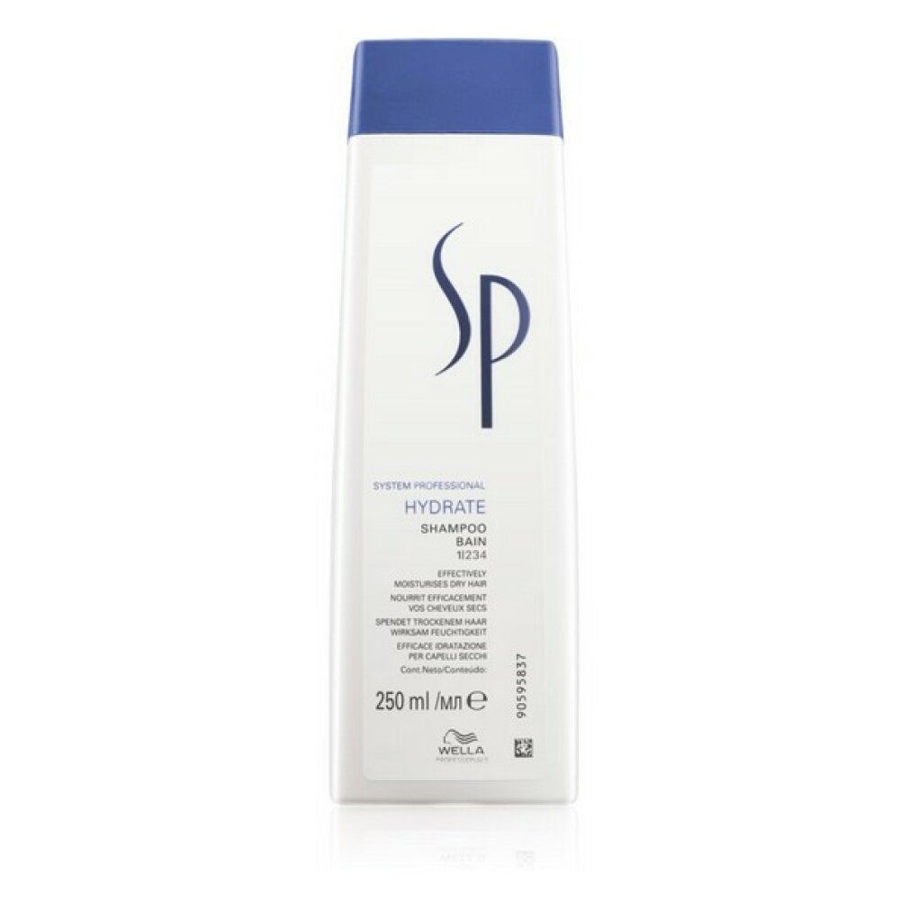 Shampoo bianco, tappo blu. Logo SP e nome prodotto. 250 ml. Logo Wella.