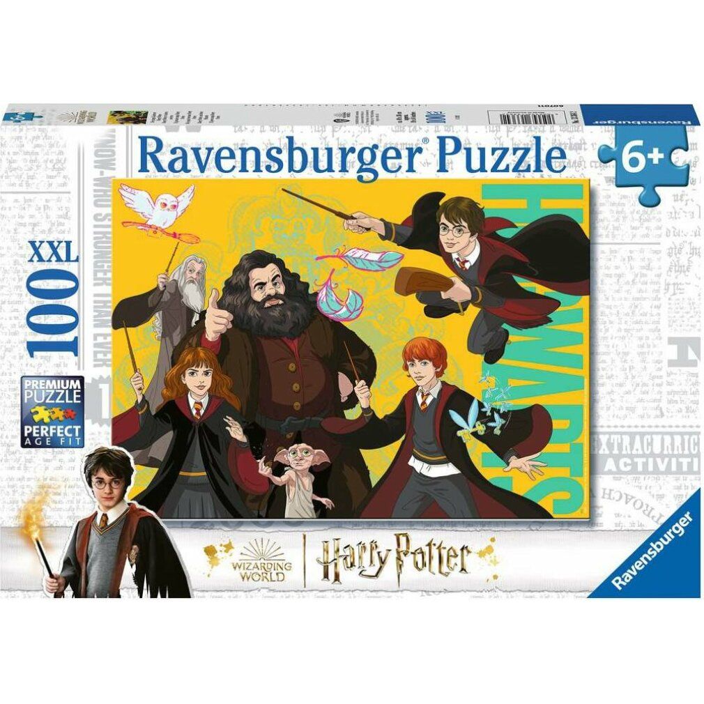 Scatola puzzle Harry Potter. Logo Ravensburger. 100 pezzi. Età consigliata 6+. Personaggi con bacchette magiche.