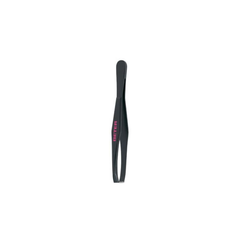 Pinzetta nera a punta dritta con marchio rosa.
