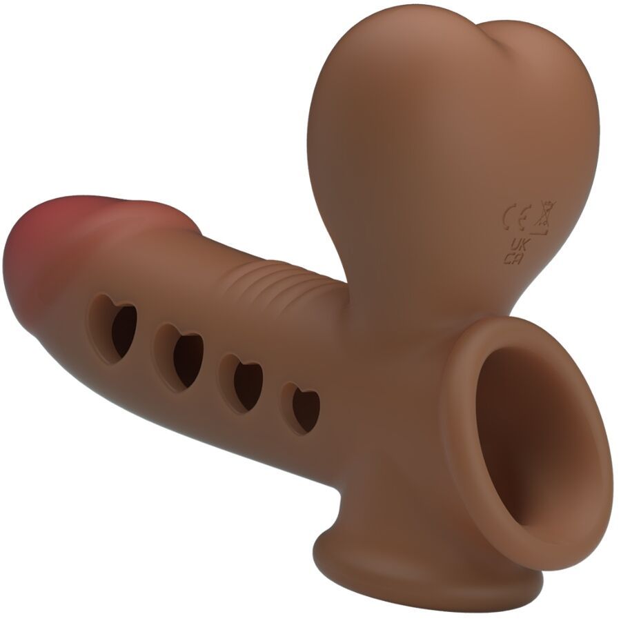 Anello per pene marrone con intagli a forma di cuore e dettaglio a cuore. Marchio CE visibile.
