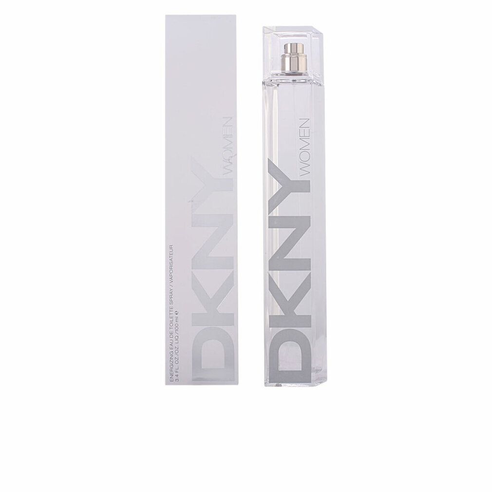 DKNY Women Eau de Toilette Spray. Flacone e confezione rettangolari. Design bianco con scritta argentata.