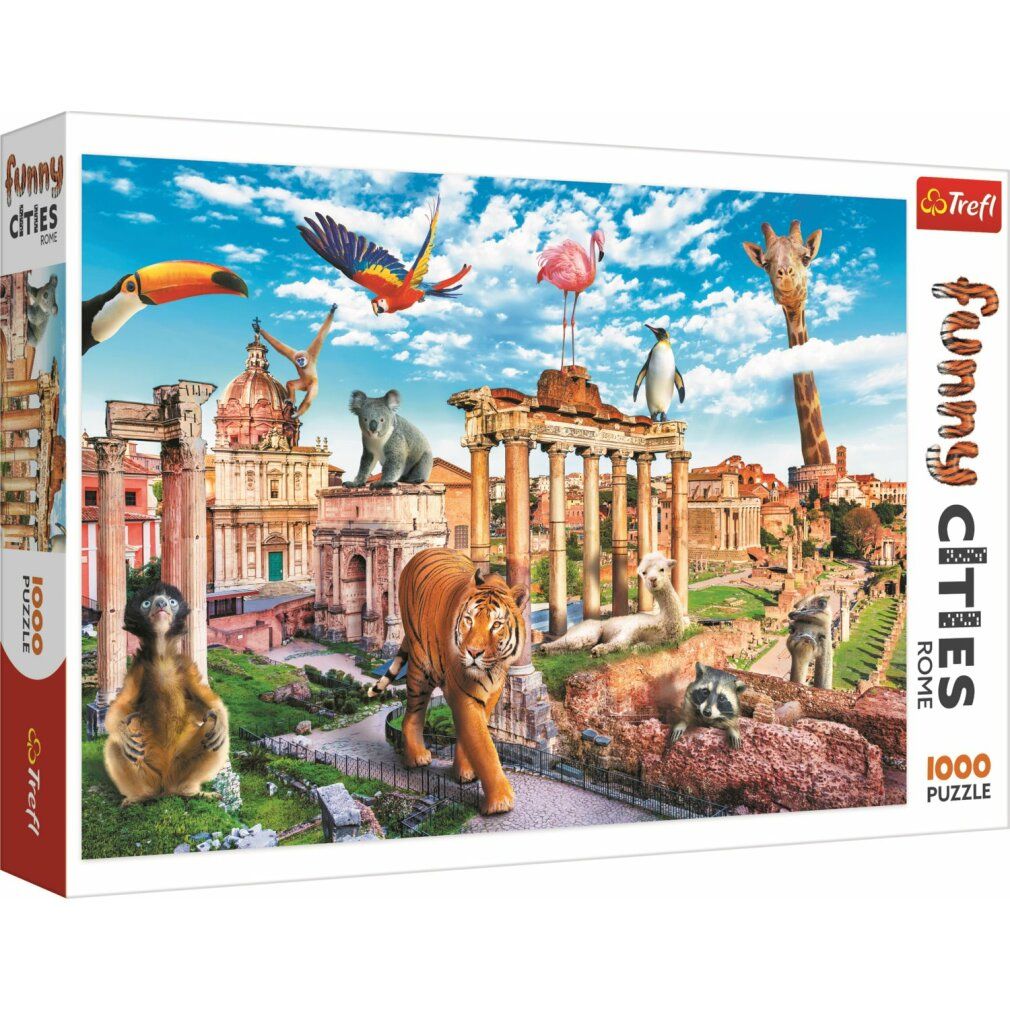 Scatola di puzzle con scena romana e animali. Scritte: Funny Cities, Trefl, 1000 pezzi. Raffigurati: tigre, fenicottero, koala, pinguino, scimmia.
