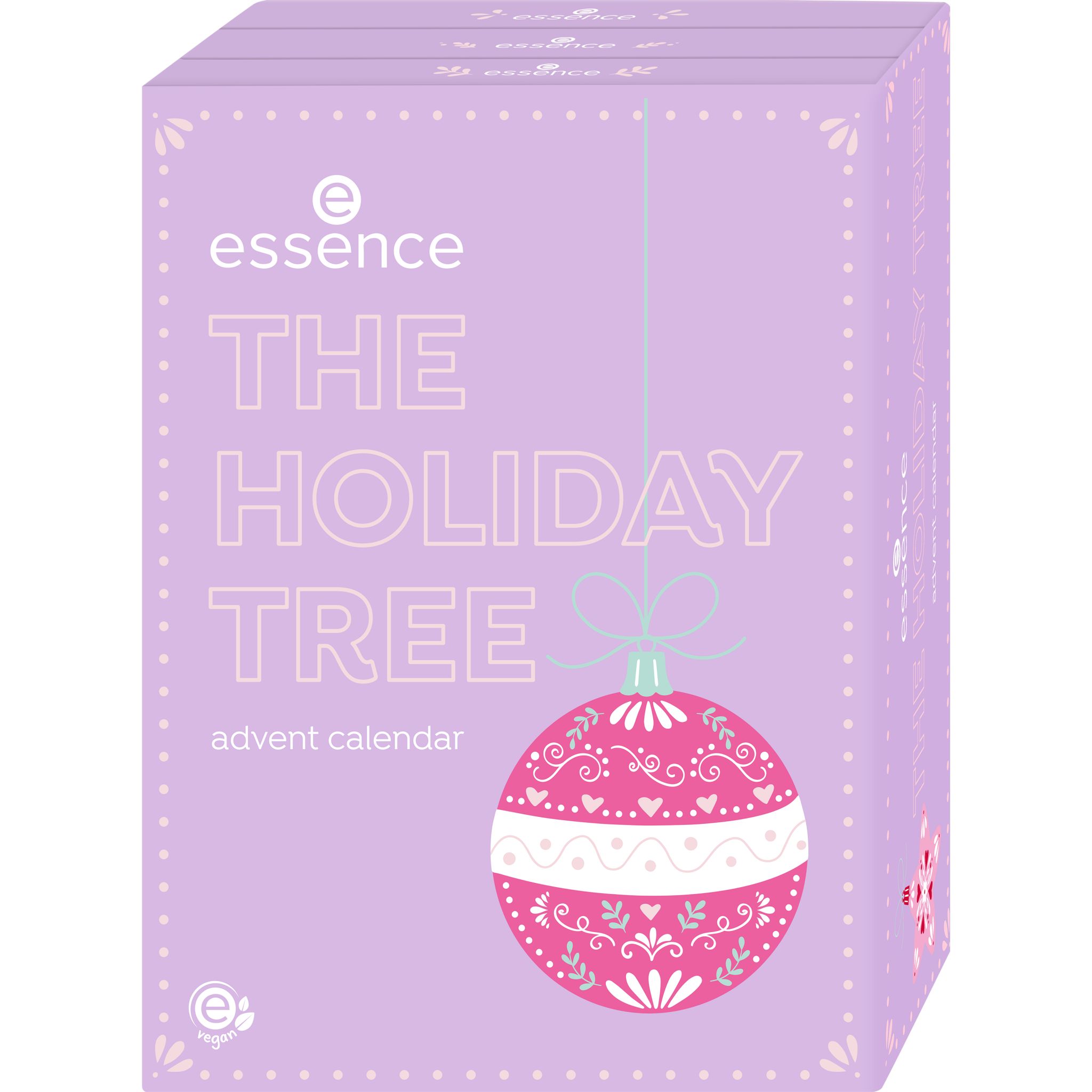 Calendario dell'Avvento essence 'The Holiday Tree' in confezione lilla con design a pallina di Natale.
