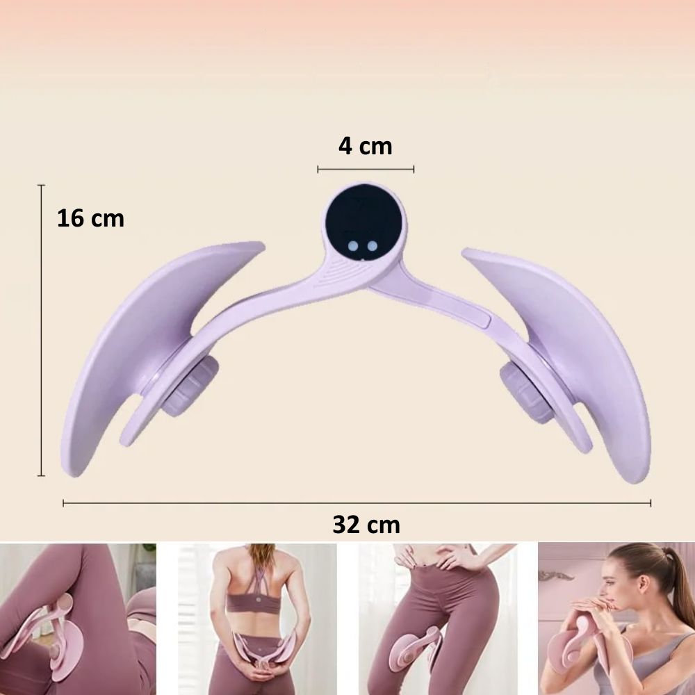 Attrezzo fitness con misure. 16 cm di altezza, 32 cm di larghezza. Quattro immagini mostrano l'uso.