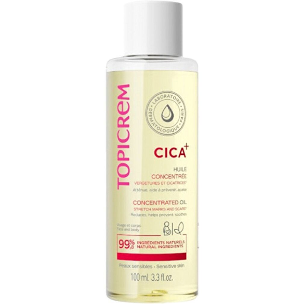 Flacone Topicrem Cica Huile Concentrée. Scritta Cica+, Huile Concentrée. 99% ingredienti naturali.