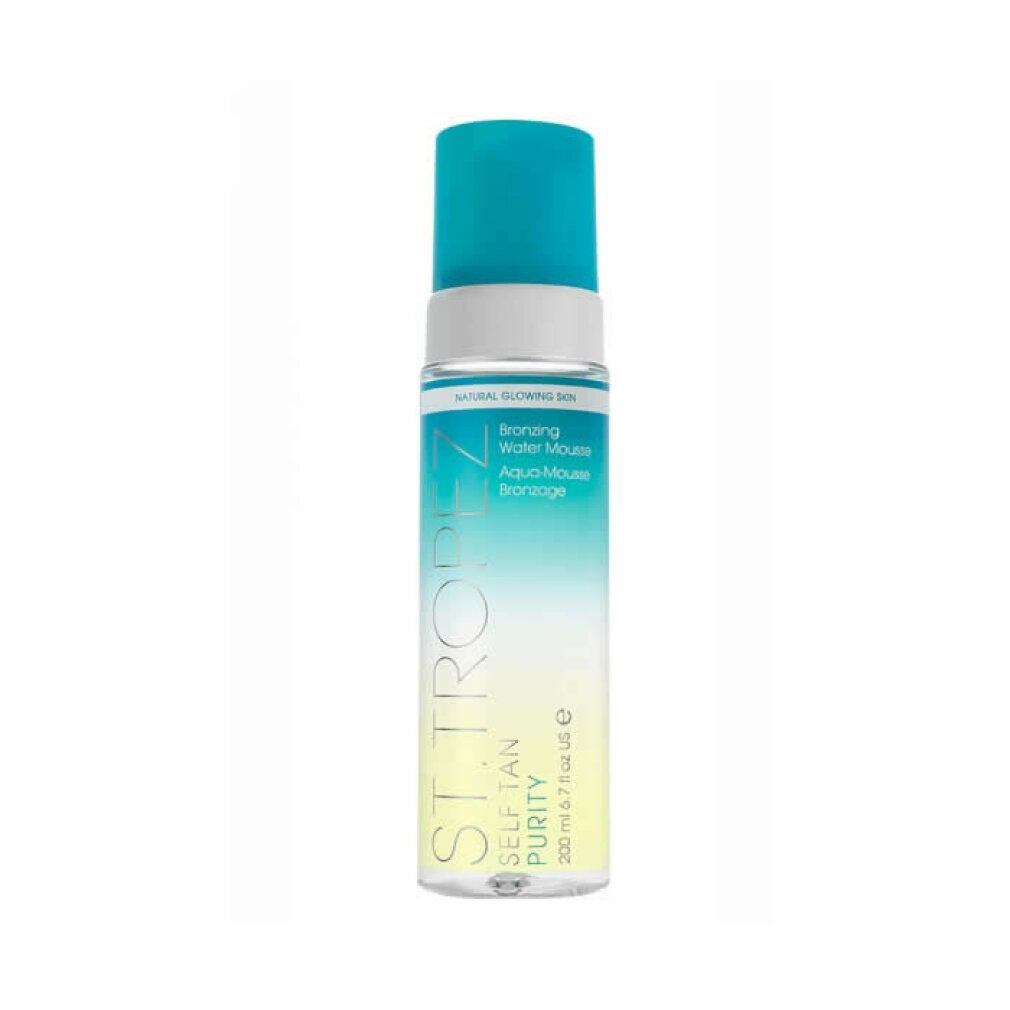 Flacone di Mousse Bronzante St. Tropez. Tappo turchese e bianco, flacone trasparente. Testo: SELF TAN PURITY, Aqua-Mousse bronzage.