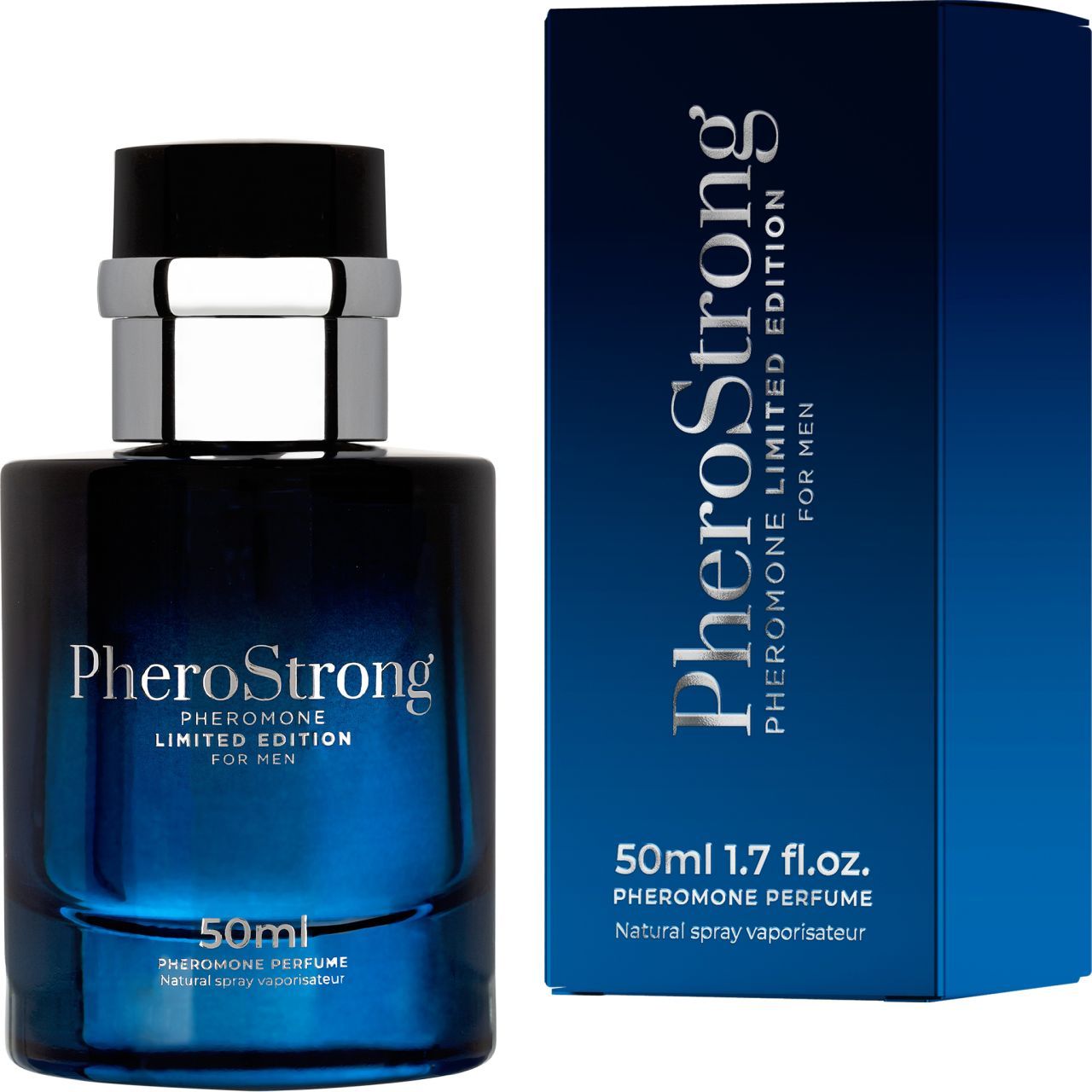 PheroStrong Pheromone Perfume bottiglia e scatola, 50ml, fragranza fruttata e speziata.