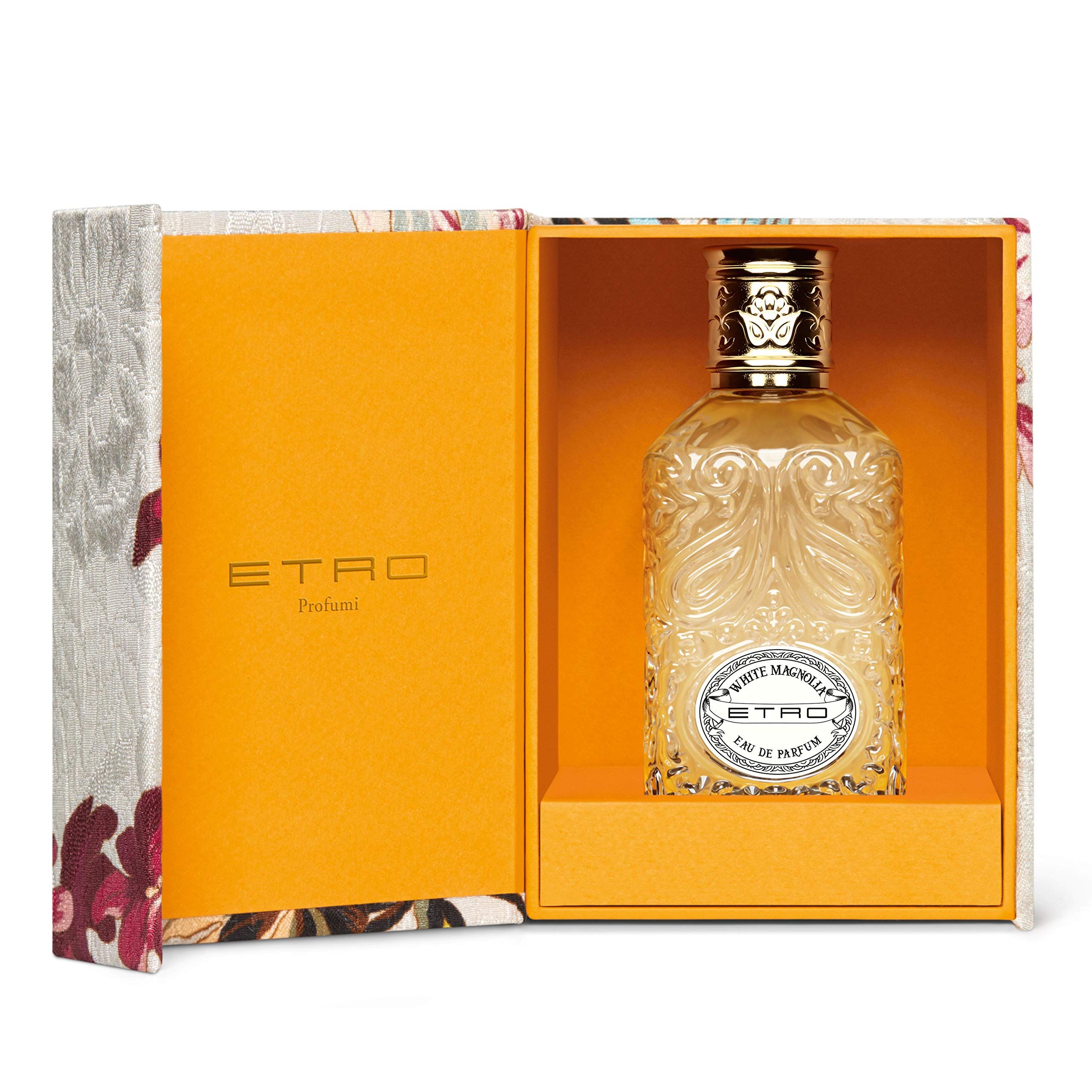 Scatola Etro White Magnolia Eau de Parfum aperta con flacone.