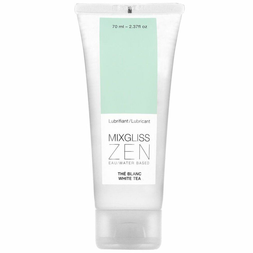 Tubo trasparente con etichetta verde. Scritta: MIXGLISS ZEN, THE BLANC WHITE TEA, 70 ml.