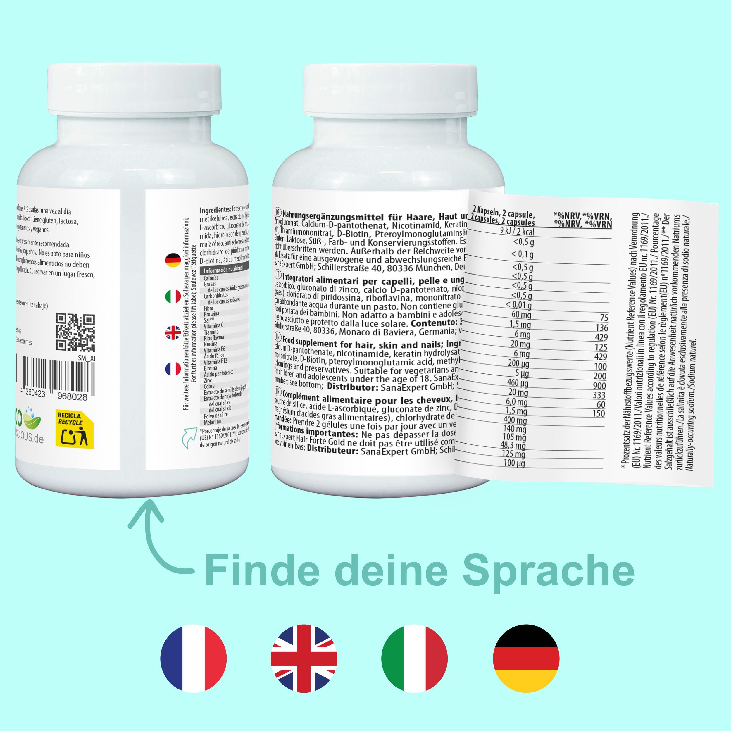 Retro dei flaconi SanaExpert Haar Forte Gold con informazioni nutrizionali e bandiere.