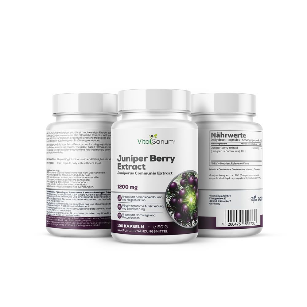 Tre flaconi di capsule. Scritta: VitaSanum, Juniper Berry Extract, 1200 mg. Illustrazione di bacche di ginepro. 100 capsule. Retro con informazioni nutrizionali.